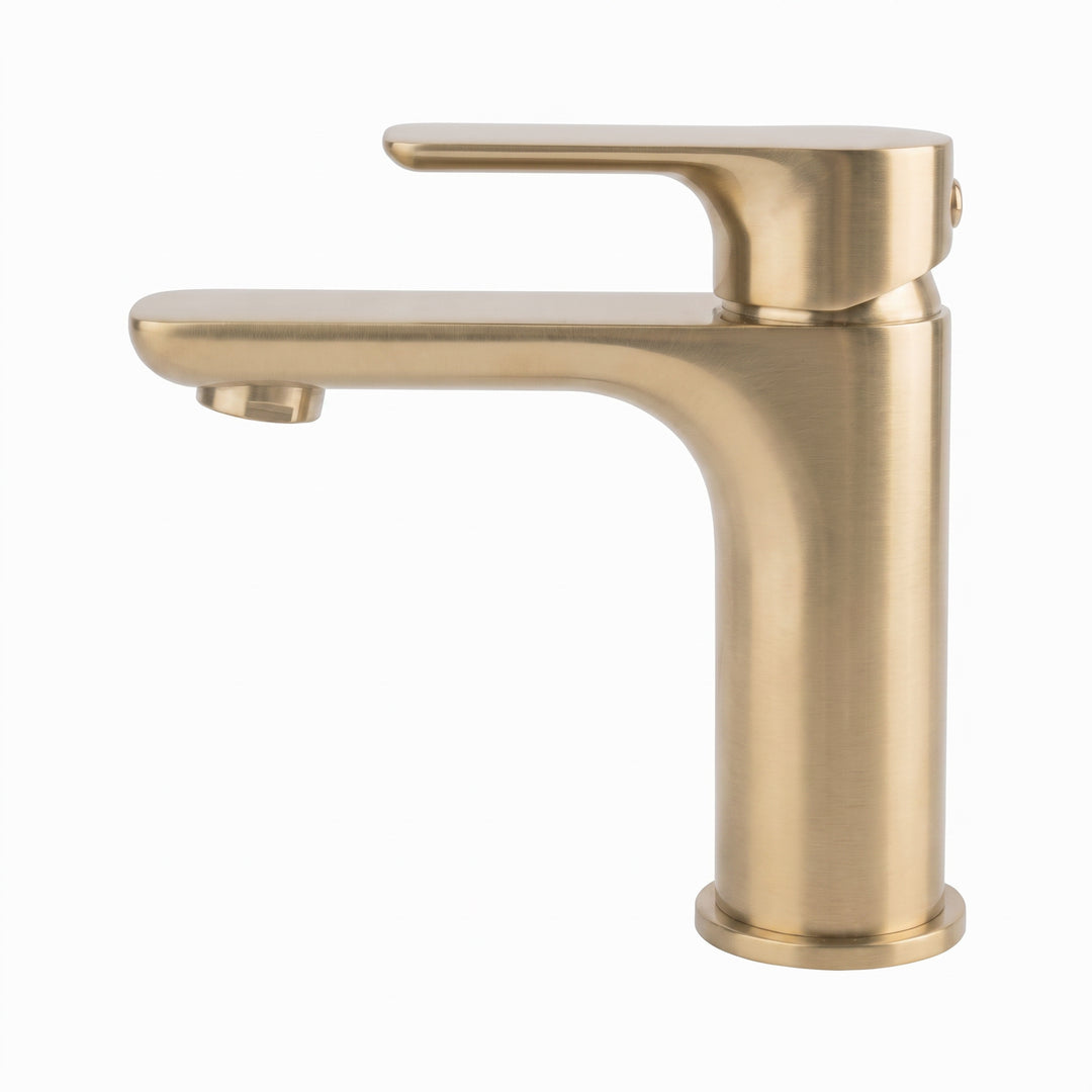 A modern single-handle bathroom faucet in a brushed gold finish, shown from a side view angle on a plain white background.