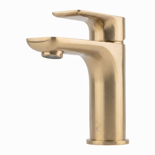 A modern single-handle bathroom faucet in a brushed gold finish, shown from a three-quarter angle on a plain white background.