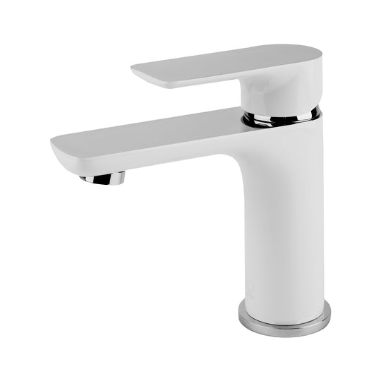 A modern single-handle bathroom faucet with a baked white body and polished chrome accents, shown on a solid white background.