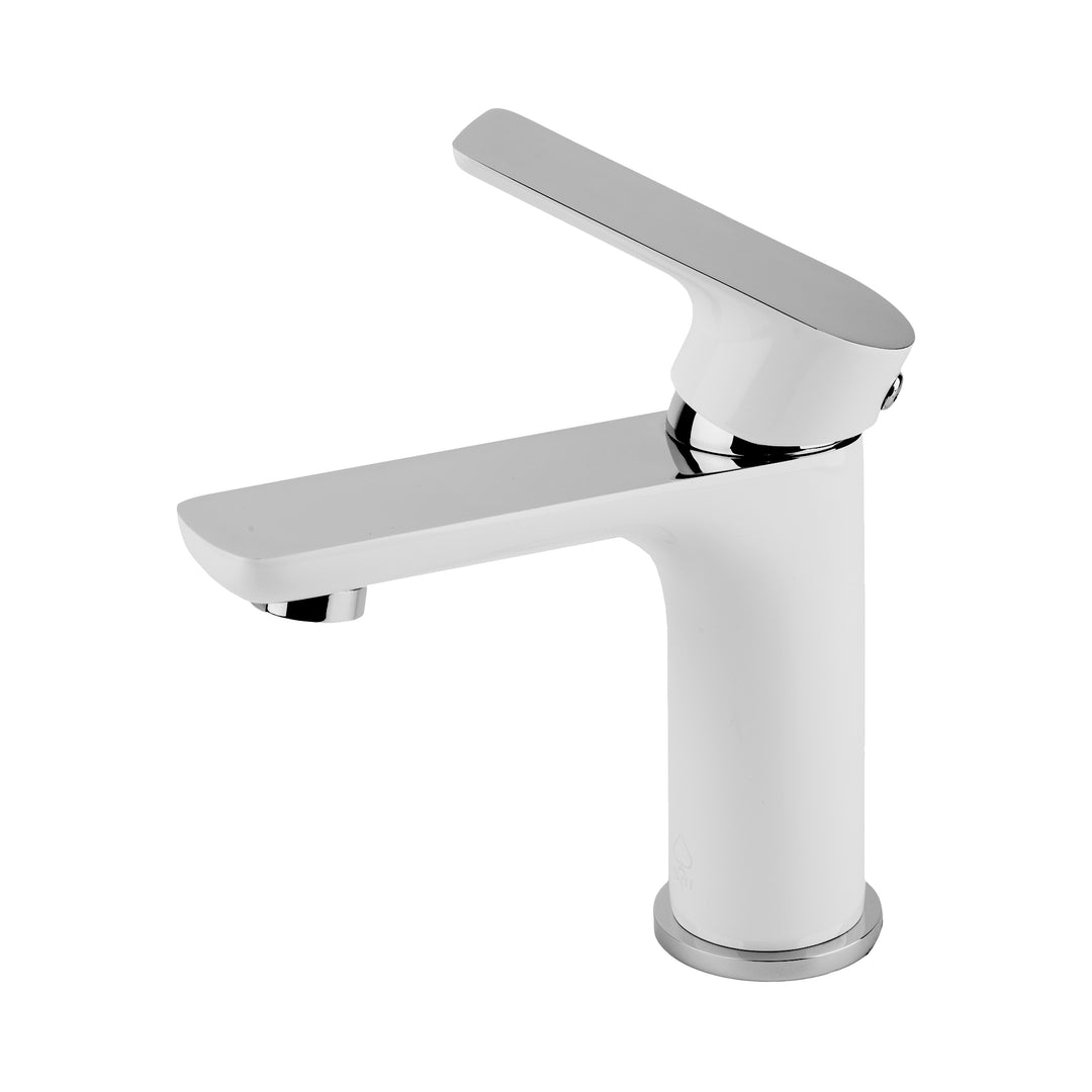 A modern single-handle bathroom faucet with a matte white cylindrical body and a polished chrome lever handle, shown against a solid white background.