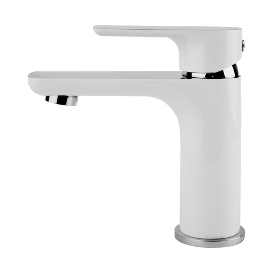 A modern single-handle bathroom faucet with a white body and polished chrome accents, shown against a solid white background.