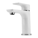 A modern single-handle bathroom faucet with a white ceramic body and polished chrome accents, shown against a solid white background.