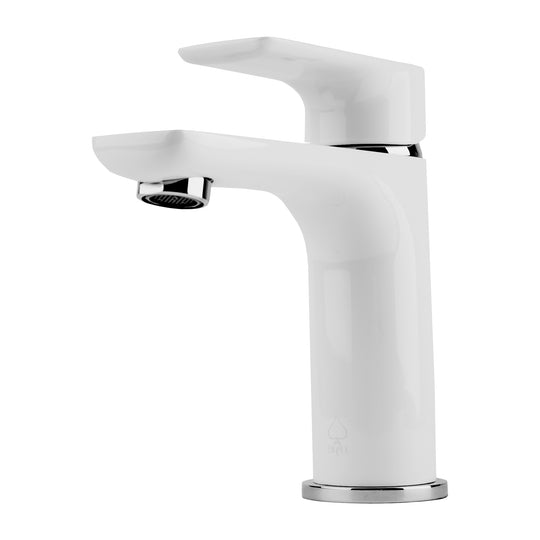 A modern single-handle bathroom faucet with a white ceramic body and polished chrome accents, shown against a solid white background.