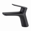 A modern matte black single-handle bathroom faucet with a curved spout and flat lever handle, shown on a plain white background.