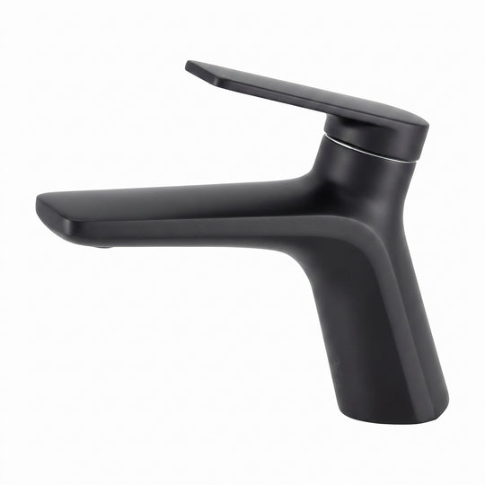 A modern matte black single-handle bathroom faucet with a curved spout and flat lever handle, shown on a plain white background.