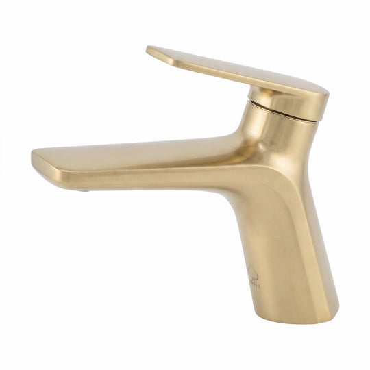A modern single-handle bathroom faucet in a brushed brass or gold finish, shown from a three-quarter angle against a plain white background.