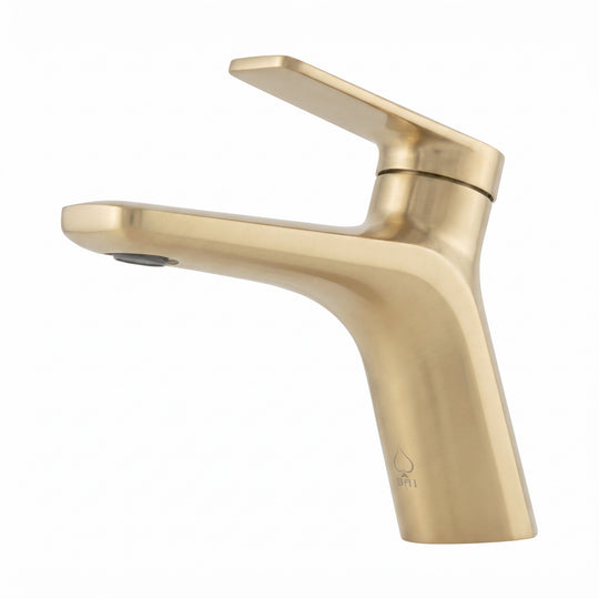 A modern single-handle bathroom faucet in a brushed gold finish, shown from a three-quarters angle against a solid white background.