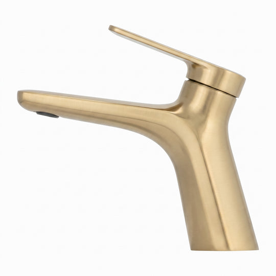 A modern single-handle bathroom faucet in a brushed gold finish, shown from a side view angle against a plain white background.