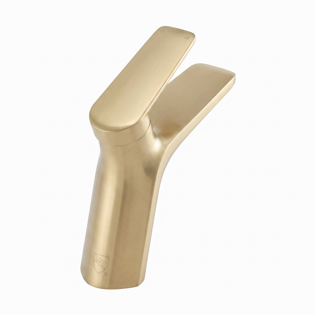 A single-handle bathroom faucet with a modern split-stream design, finished in brushed gold finish, shown on a plain white background.