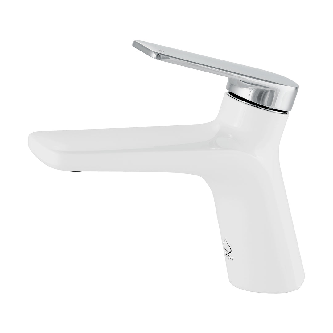 A single-handle modern bathroom faucet with a modern split-stream design, finished in matte white and polished chrome finish, shown on a plain white background.