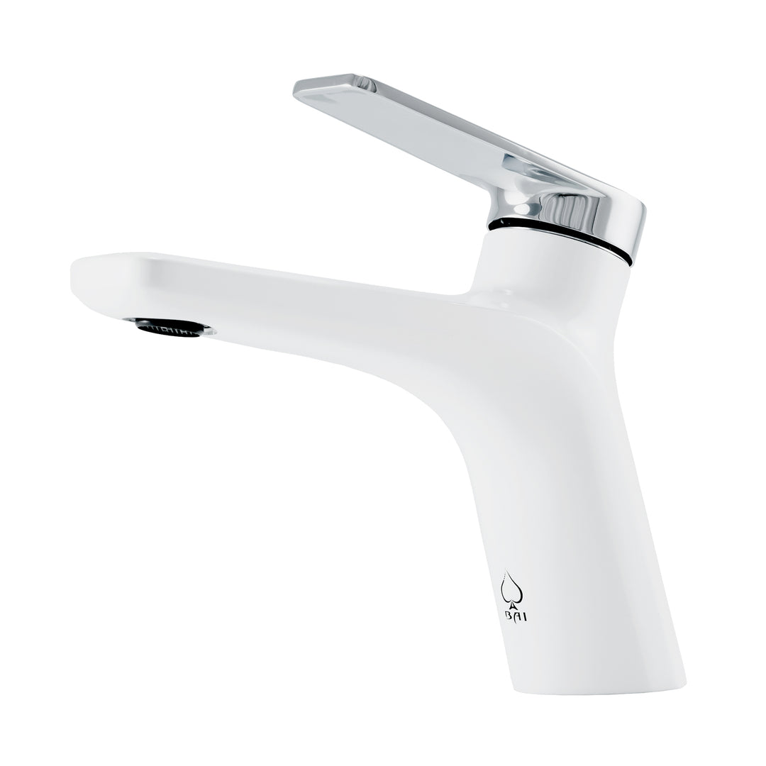 A single-handle modern bathroom faucet with a modern split-stream design, finished in matte white and polished chrome finish, shown on a plain white background.
