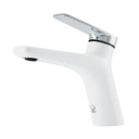 A single-handle modern bathroom faucet with a modern split-stream design, finished in matte white and polished chrome finish, shown on a plain white background.