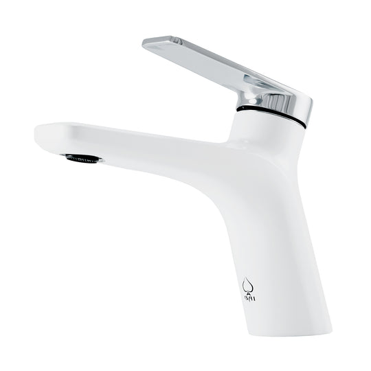 A single-handle modern bathroom faucet with a modern split-stream design, finished in matte white and polished chrome finish, shown on a plain white background.