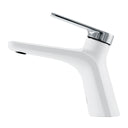 A single-handle modern bathroom faucet with a modern split-stream design, finished in matte white and polished chrome finish, shown on a plain white background.