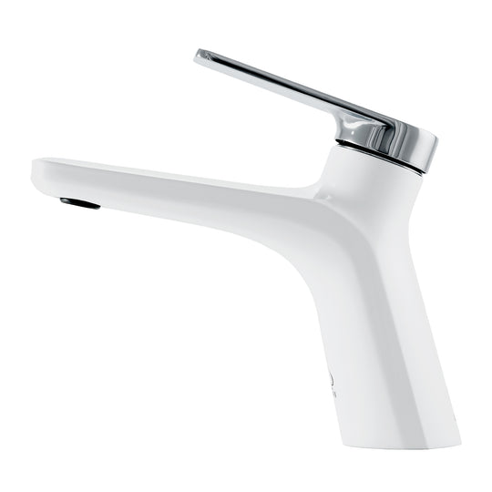 A single-handle modern bathroom faucet with a modern split-stream design, finished in matte white and polished chrome finish, shown on a plain white background.