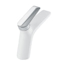 A single-handle modern bathroom faucet with a modern split-stream design, finished in matte white and polished chrome finish, shown on a plain white background.