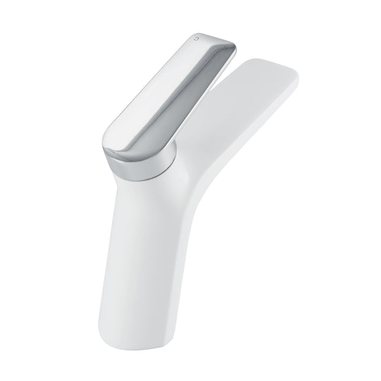 A single-handle modern bathroom faucet with a modern split-stream design, finished in matte white and polished chrome finish, shown on a plain white background.