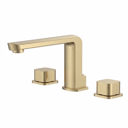 A modern three-hole bathroom faucet set in brushed gold, featuring a central spout and two separate square-shaped handles, shown against a plain white background.