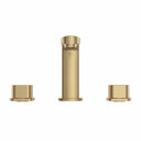 Three-piece faucet set in brushed gold with a central cylindrical spout and two matching cylindrical handles, shown on a plain white background.