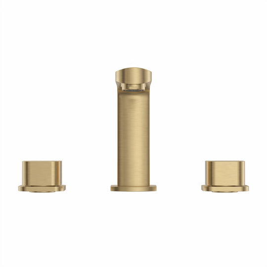 Three-piece faucet set in brushed gold with a central cylindrical spout and two matching cylindrical handles, shown on a plain white background.