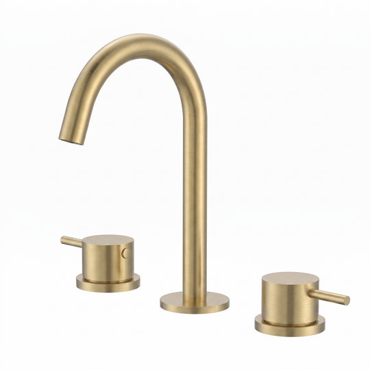 A three-hole bathroom faucet set in a brushed brass/gold finish, featuring a tall curved spout and two matching cylindrical handles on a plain white background.