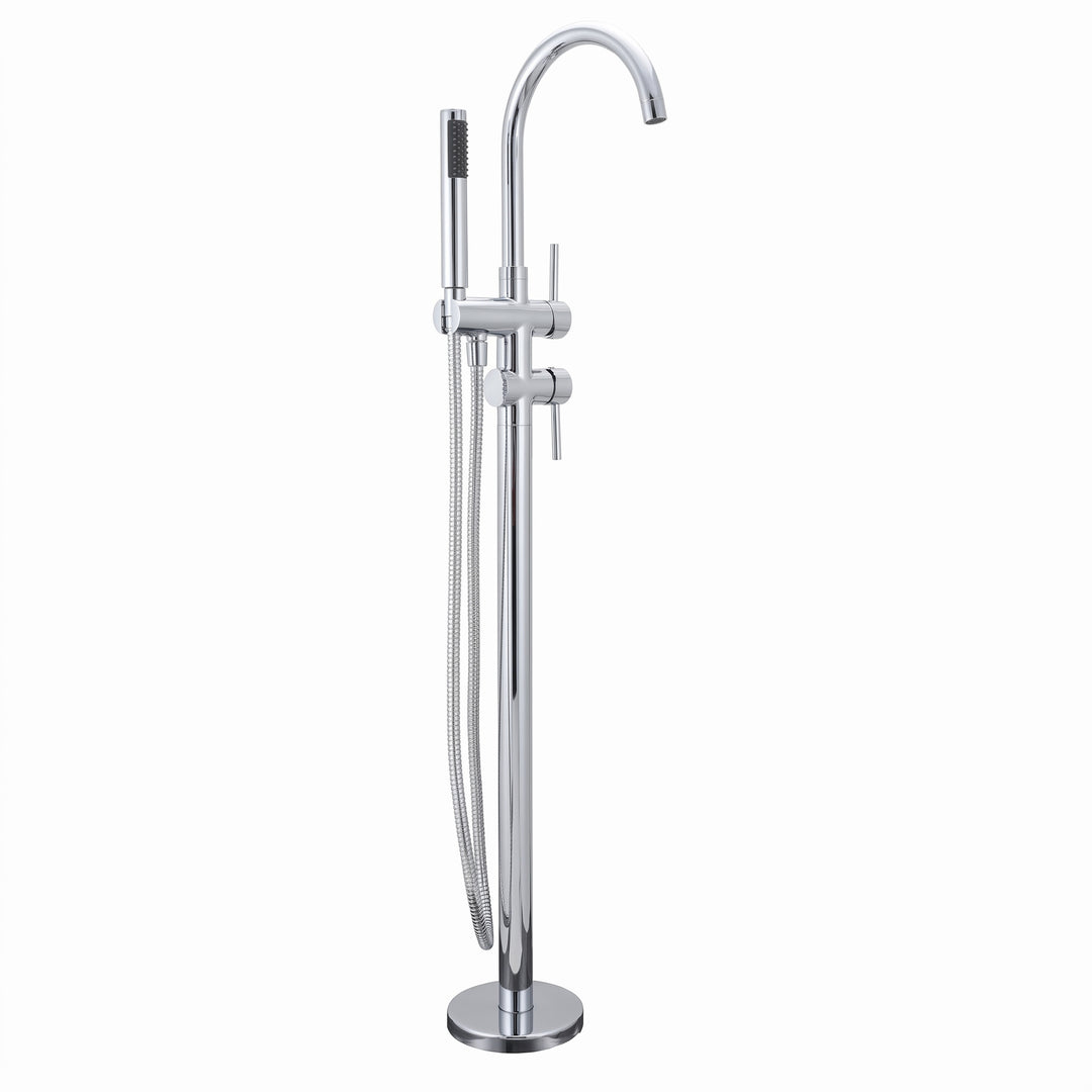 A modern chrome floor-mounted freestanding bathtub faucet with a goose neck spout, handheld shower, side lever, and attached flexible shower hose on a plain white background