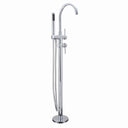 A modern chrome floor-mounted freestanding bathtub faucet with a goose neck spout, handheld shower, side lever, and attached flexible shower hose on a plain white background