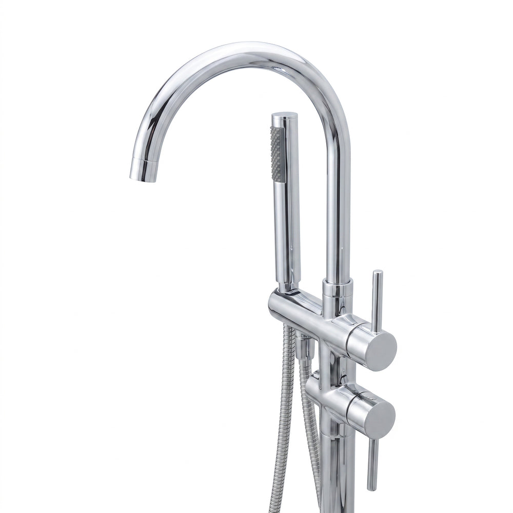 A modern chrome floor-mounted freestanding bathtub faucet with a goose neck spout, handheld shower, side lever, and attached flexible shower hose on a plain white background