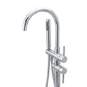 A modern chrome floor-mounted freestanding bathtub faucet with a goose neck spout, handheld shower, side lever, and attached flexible shower hose on a plain white background