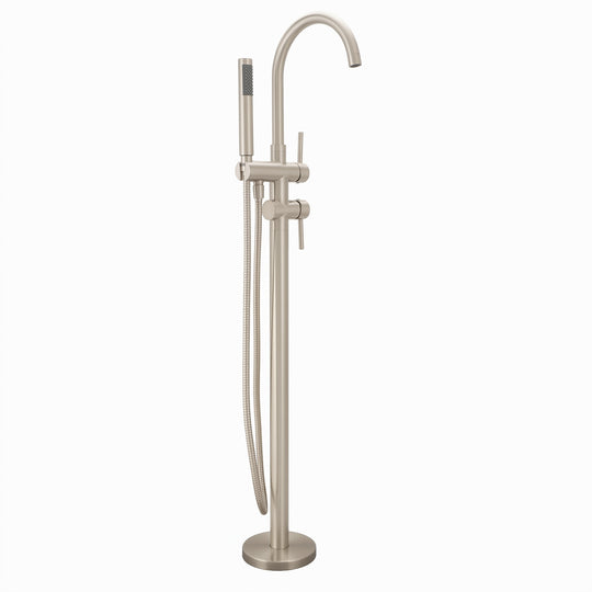 A modern freestanding bathtub faucet set in a brushed nickel finish, featuring a tall curved gooseneck spout, a vertical support column with a round base, a slide valve, and a handheld shower head with a flexible hose, shown on a plain white background.