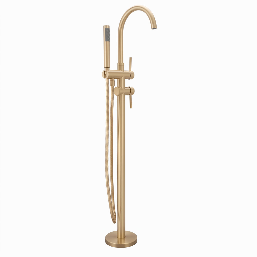 A modern freestanding bathtub faucet set in a brushed gold finish, featuring a tall curved gooseneck spout, a vertical support column with a round base, a slide valve, and a handheld shower head with a flexible hose, shown on a plain white background.