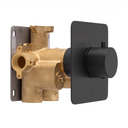 A modern wall-mounted single-handle shower valve trim with a matte black square faceplate and cylindrical knob, paired with a polished brass valve body and a dark metal mounting plate, shown on a white background.