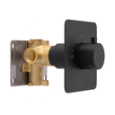A modern matte black single-handle on/off shower valve trim with a brass valve body and a silver metal mounting plate, shown on a solid white background.