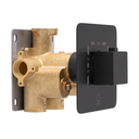 A modern wall-mounted shower valve trim featuring a brushed brass main body, a square black control faceplate with a black knob, and a gray metal mounting plate, shown on a solid white background.