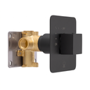 A modern wall-mounted on/off shower valve trim with a matte black square control faceplate and lever, attached to a brass valve body and a silver metal mounting plate, shown on a white background.