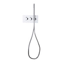 A modern wall-mounted shower system with a polished chrome handheld shower head, flexible hose, and a white rectangular control plate with two round knobs, shown against a plain white background.