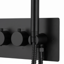 Matte black wall-mounted shower system with two round control knobs, a vertical shower head, and a flexible hose on a white background.