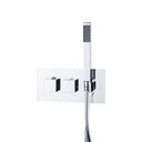 A modern wall-mounted three-hole shower system with a chrome hand shower, flexible hose, and two square control valves on a white background.
