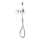 A modern wall-mounted thermostatic shower fixture with a rectangular backplate, vertical chrome handle, flexible coiled shower hose, and handheld shower head, shown against a plain white background.
