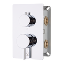 A wall-mounted two-handle pressure balance shower valve trim set with a polished chrome faceplate, polished chrome controls, and brass connection ports on the side, shown against a plain white background.