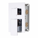A modern wall-mounted pressure balance shower valve trim with a polished chrome faceplate, square lever and knob, and brass connection ports on the back.