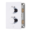 A wall-mounted two-handle thermostatic shower mixing valve trim with a polished chrome faceplate, round control knobs, and brass connection ports on the side.