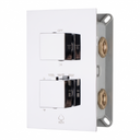 A modern two-handle thermostatic shower mixing valve trim set with a polished chrome faceplate, featuring square lever knobs and brass mounting hardware on a white background.