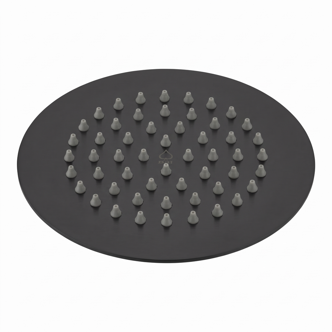 A round matte black 6-inch shower head plate with multiple small gray silicone nozzles arranged in concentric circles, shown on a plain white background.
