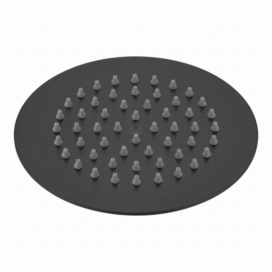 A round matte black 6-inch shower head plate with multiple small gray silicone nozzles arranged in concentric circles, shown on a plain white background.