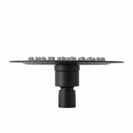 A matte black 6-inch rainfall shower head with a circular head featuring multiple small gray silicone nozzles and a cylindrical neck, shown against a plain white background.