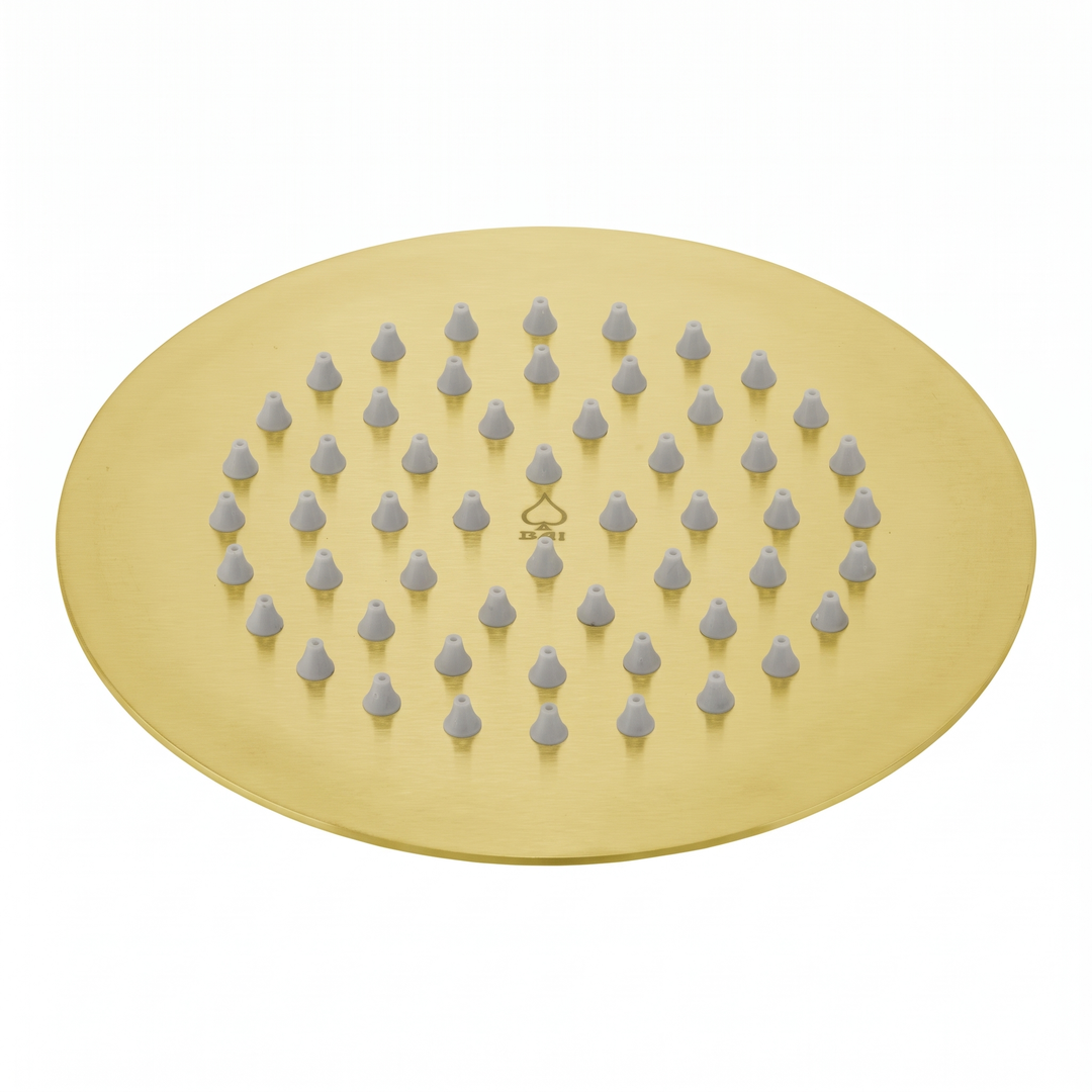 A round gold 6-inch rainfall shower head plate with multiple small gray cone-shaped nozzles arranged in rows, shown on a plain white background.