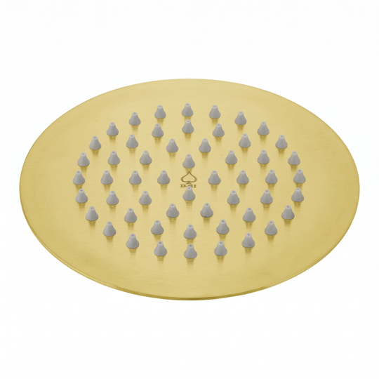 A round gold 6-inch rainfall shower head plate with multiple small gray cone-shaped nozzles arranged in rows, shown on a plain white background.