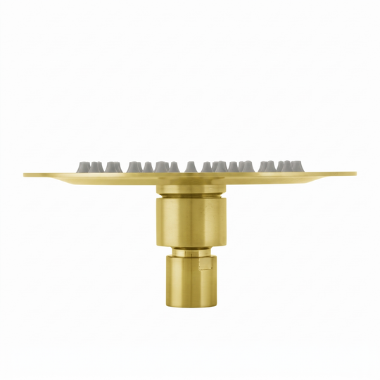 BAI 42003 round brushed gold 6-inch shower head plate with multiple small gray silicone nozzles arranged in concentric circles, shown on a plain white background.