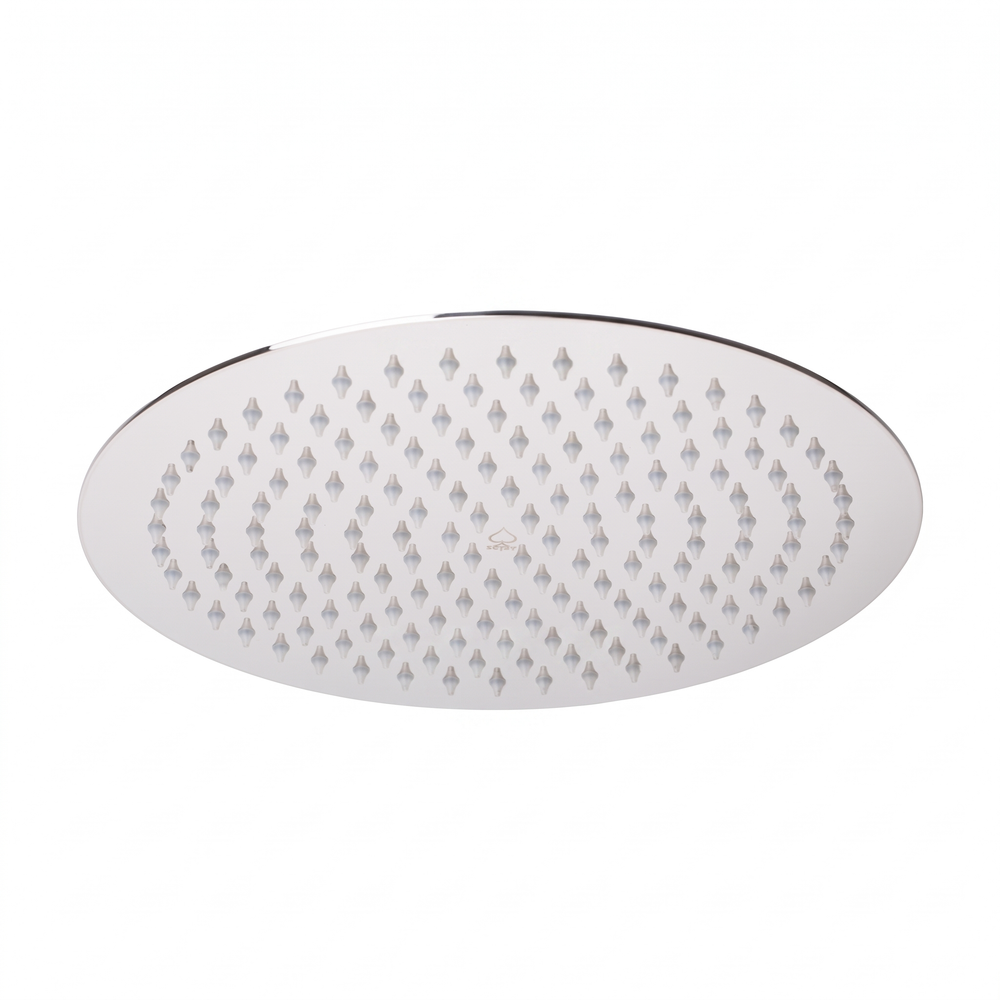 A round shaped 10-inch rain shower head with a polished chrome finish with gray rubber silicone nozzles shown against a plain white background sold by BAI.